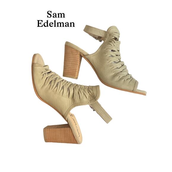 Sam Edelman Holly Leather Booties Light Greenish Beige Block Heel Ankle Size 7.5 - Picture 1 of 16